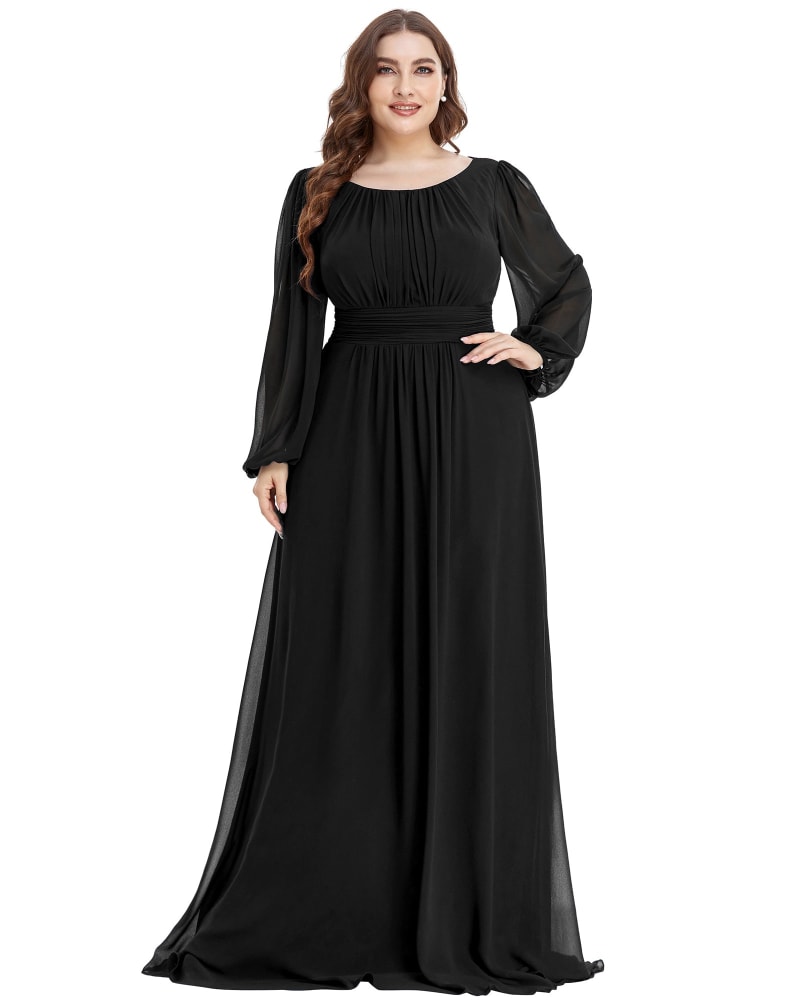 Front of a model wearing a size 26 Chiffon High Empire Waist Puff Sleeve Mother Dress in Black by Ever-Pretty. | dia_product_style_image_id:319814